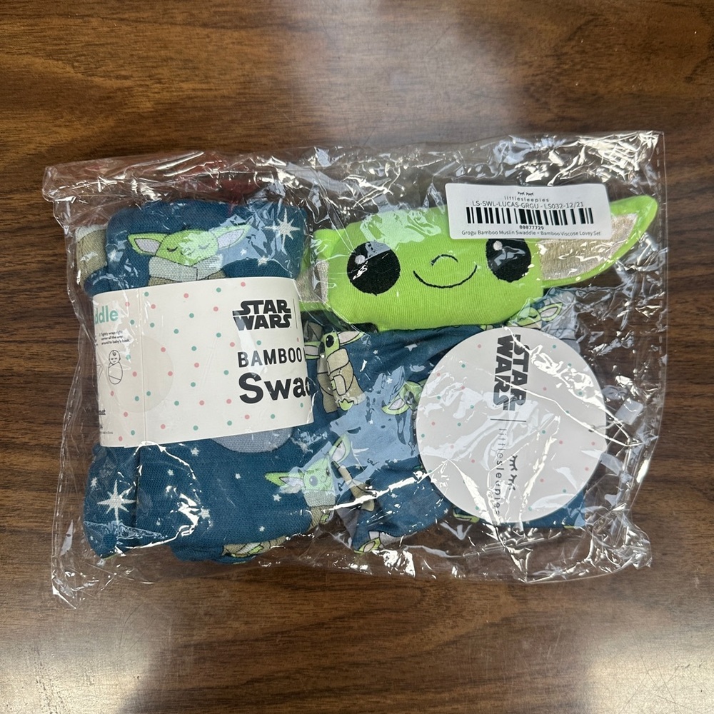 Little Sleepies Grogu bamboo muslin swaddle + bamboo viscose lovey set nwt